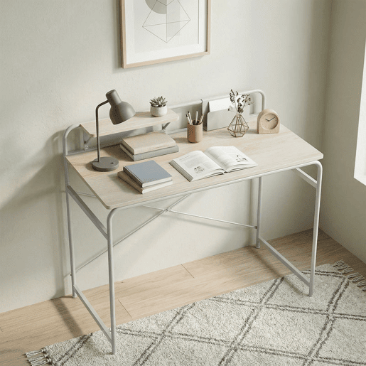 HOMCOM Secretária Mesa de Secretária Moderna com Prateleira e Estrutura Metálica Fácil Montagem para Escritório em Casa Quarto Espaços Pequenos 98x48x88,5 cm Carvalho HOMCOM Secretária Mesa de Secretária Moderna com Prateleira e Estrutura Metálica Fácil Montagem para Escritório em Casa Quarto Espaços Pequenos 98x48x88,5 cm Carvalho