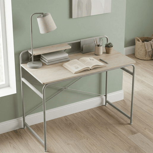 HOMCOM Secretária Mesa de Secretária Moderna com Prateleira e Estrutura Metálica Fácil Montagem para Escritório em Casa Quarto Espaços Pequenos 98x48x88,5 cm Carvalho HOMCOM Secretária Mesa de Secretária Moderna com Prateleira e Estrutura Metálica Fácil Montagem para Escritório em Casa Quarto Espaços Pequenos 98x48x88,5 cm Carvalho