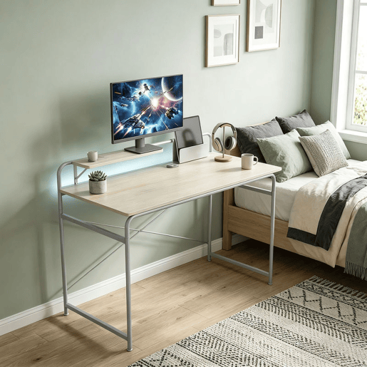 HOMCOM Secretária Mesa de Secretária Moderna com Prateleira e Estrutura Metálica Fácil Montagem para Escritório em Casa Quarto Espaços Pequenos 98x48x88,5 cm Carvalho HOMCOM Secretária Mesa de Secretária Moderna com Prateleira e Estrutura Metálica Fácil Montagem para Escritório em Casa Quarto Espaços Pequenos 98x48x88,5 cm Carvalho