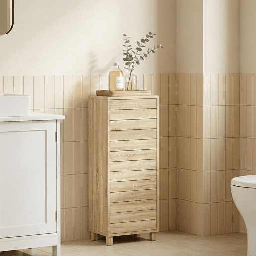 HOMCOM Armário de Casa de Banho Estreito Móvel Auxiliar de Casa de Banho com Porta de Ripas 3 Prateleiras e Prateleira Ajustável Abertura por Pressão Poupa Espaço 34x23x84 cm Madeira