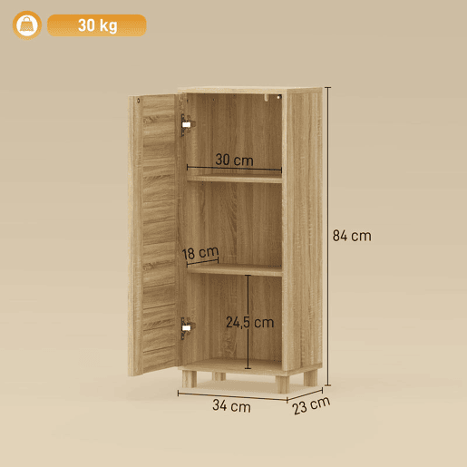 HOMCOM Armário de Casa de Banho Estreito Móvel Auxiliar de Casa de Banho com Porta de Ripas 3 Prateleiras e Prateleira Ajustável Abertura por Pressão Poupa Espaço 34x23x84 cm Madeira