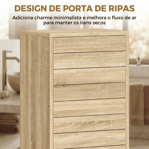 HOMCOM Armário de Casa de Banho Estreito Móvel Auxiliar de Casa de Banho com Porta de Ripas 3 Prateleiras e Prateleira Ajustável Abertura por Pressão Poupa Espaço 34x23x84 cm Madeira