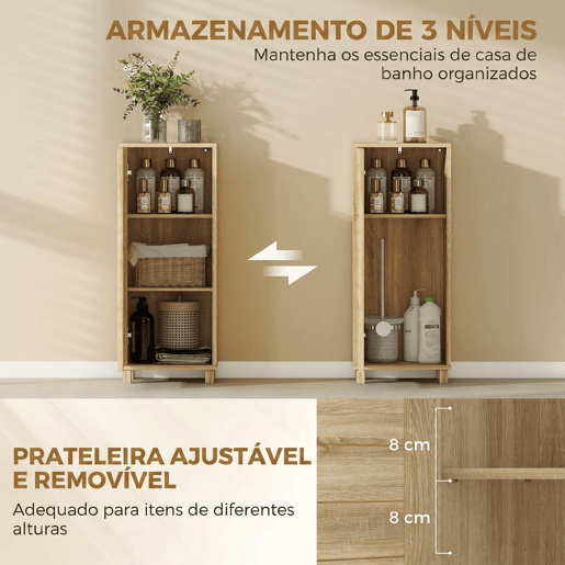 HOMCOM Armário de Casa de Banho Estreito Móvel Auxiliar de Casa de Banho com Porta de Ripas 3 Prateleiras e Prateleira Ajustável Abertura por Pressão Poupa Espaço 34x23x84 cm Madeira