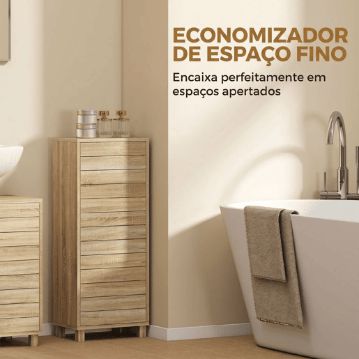 HOMCOM Armário de Casa de Banho Estreito Móvel Auxiliar de Casa de Banho com Porta de Ripas 3 Prateleiras e Prateleira Ajustável Abertura por Pressão Poupa Espaço 34x23x84 cm Madeira