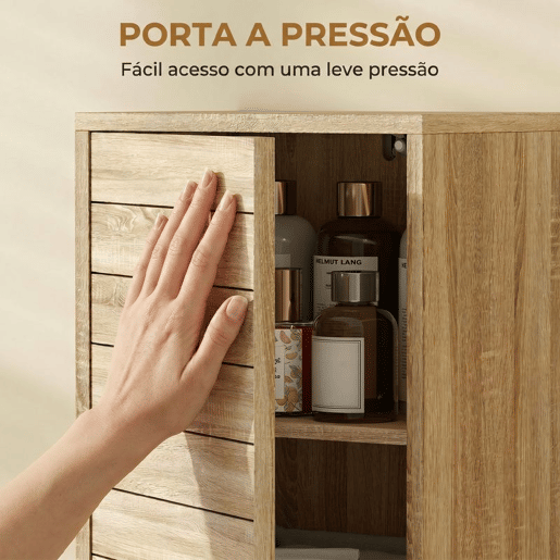 HOMCOM Armário de Casa de Banho Estreito Móvel Auxiliar de Casa de Banho com Porta de Ripas 3 Prateleiras e Prateleira Ajustável Abertura por Pressão Poupa Espaço 34x23x84 cm Madeira