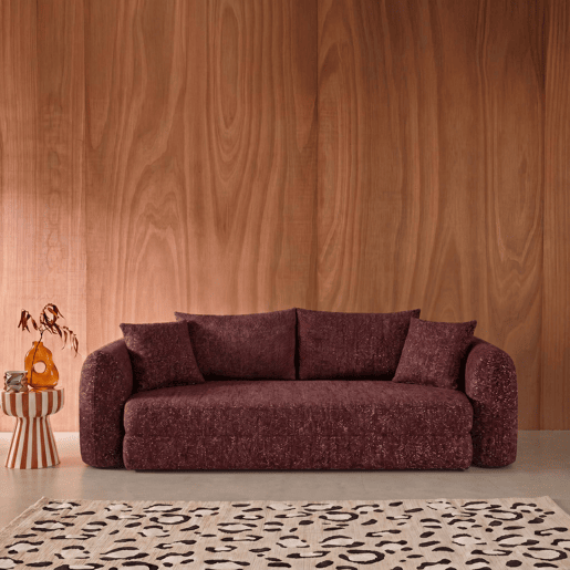 Sofá-cama em tecido bouclé embalado a vácuo, 3 lugares, Sweeetch, Borgonha, 243x112x83 cm