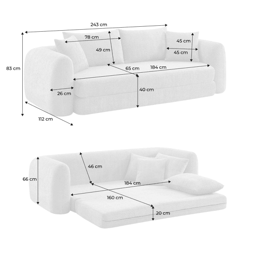 Sofá-cama em tecido bouclé embalado a vácuo, 3 lugares, Sweeetch, Borgonha, 243x112x83 cm