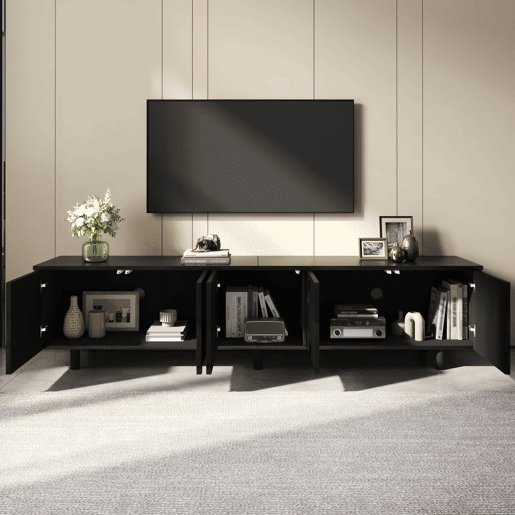 Móvel baixo para televisão - 5 portas, pés metálicos, PB e MDF, design moderno - Preto Móvel baixo para televisão - 5 portas, pés metálicos, PB e MDF, design moderno - Preto