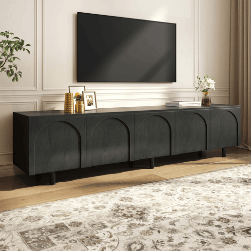 Móvel baixo para televisão - 5 portas, pés metálicos, PB e MDF, design moderno - Preto Móvel baixo para televisão - 5 portas, pés metálicos, PB e MDF, design moderno - Preto