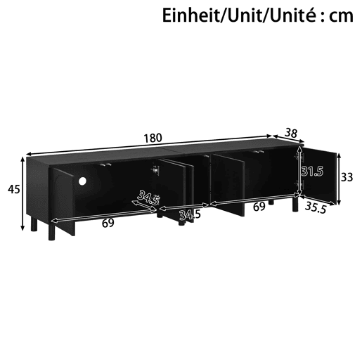 Móvel baixo para televisão - 5 portas, pés metálicos, PB e MDF, design moderno - Preto Móvel baixo para televisão - 5 portas, pés metálicos, PB e MDF, design moderno - Preto