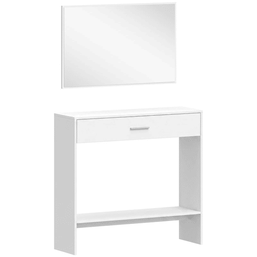 HOMCOM Consola de Entrada com Espelho, Gaveta e Prateleira u2013 Conjunto de 2 Peças com Sistema Antitombo para Hall, 91,5x27,9x85,5 cm, Branco