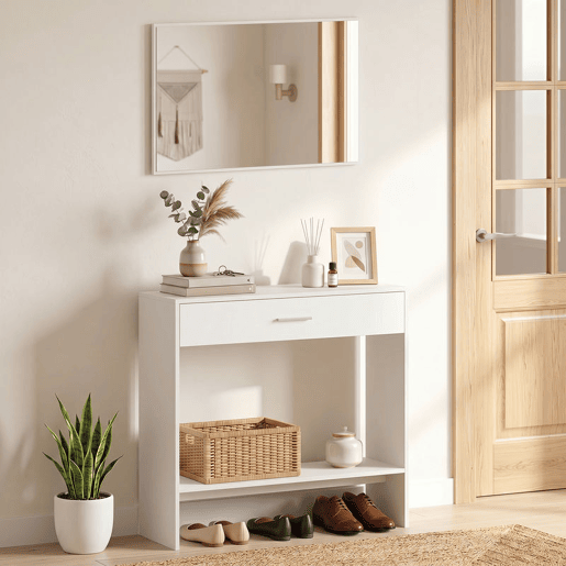 HOMCOM Consola de Entrada com Espelho, Gaveta e Prateleira u2013 Conjunto de 2 Peças com Sistema Antitombo para Hall, 91,5x27,9x85,5 cm, Branco