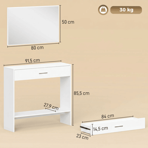 HOMCOM Consola de Entrada com Espelho, Gaveta e Prateleira u2013 Conjunto de 2 Peças com Sistema Antitombo para Hall, 91,5x27,9x85,5 cm, Branco