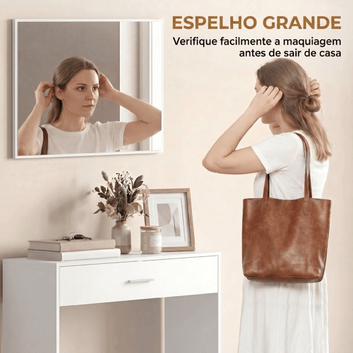 HOMCOM Consola de Entrada com Espelho, Gaveta e Prateleira u2013 Conjunto de 2 Peças com Sistema Antitombo para Hall, 91,5x27,9x85,5 cm, Branco