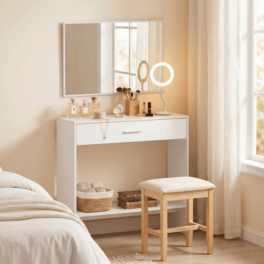 HOMCOM Consola de Entrada com Espelho, Gaveta e Prateleira u2013 Conjunto de 2 Peças com Sistema Antitombo para Hall, 91,5x27,9x85,5 cm, Branco