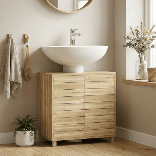 HOMCOM Móvel de Casa de Banho com Prateleira Ajustável, Portas de Ripas e Abertura por Pressão, para Lavatório com Pedestal ou de Parede, 60x30x60 cm, Natural