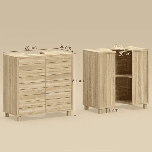 HOMCOM Móvel de Casa de Banho com Prateleira Ajustável, Portas de Ripas e Abertura por Pressão, para Lavatório com Pedestal ou de Parede, 60x30x60 cm, Natural