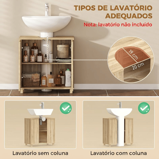 HOMCOM Móvel de Casa de Banho com Prateleira Ajustável, Portas de Ripas e Abertura por Pressão, para Lavatório com Pedestal ou de Parede, 60x30x60 cm, Natural