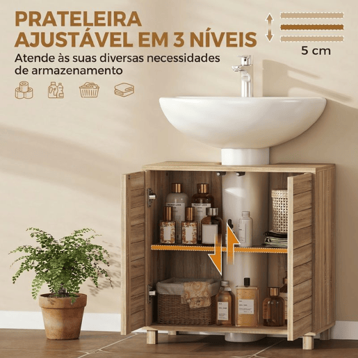 HOMCOM Móvel de Casa de Banho com Prateleira Ajustável, Portas de Ripas e Abertura por Pressão, para Lavatório com Pedestal ou de Parede, 60x30x60 cm, Natural