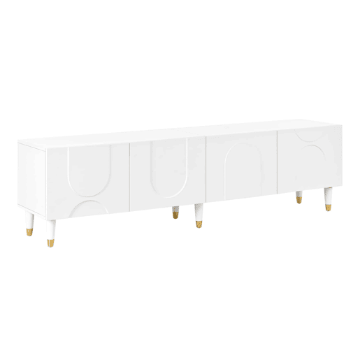Móvel de TV tipo lowboard - relevo em arco assimétrico, 4 portas, vários compartimentos de arrumação, pés em madeira maciça - Branco