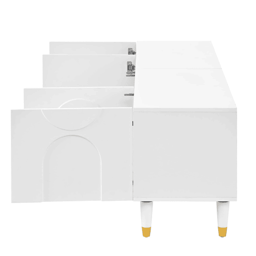 Móvel de TV tipo lowboard - relevo em arco assimétrico, 4 portas, vários compartimentos de arrumação, pés em madeira maciça - Branco
