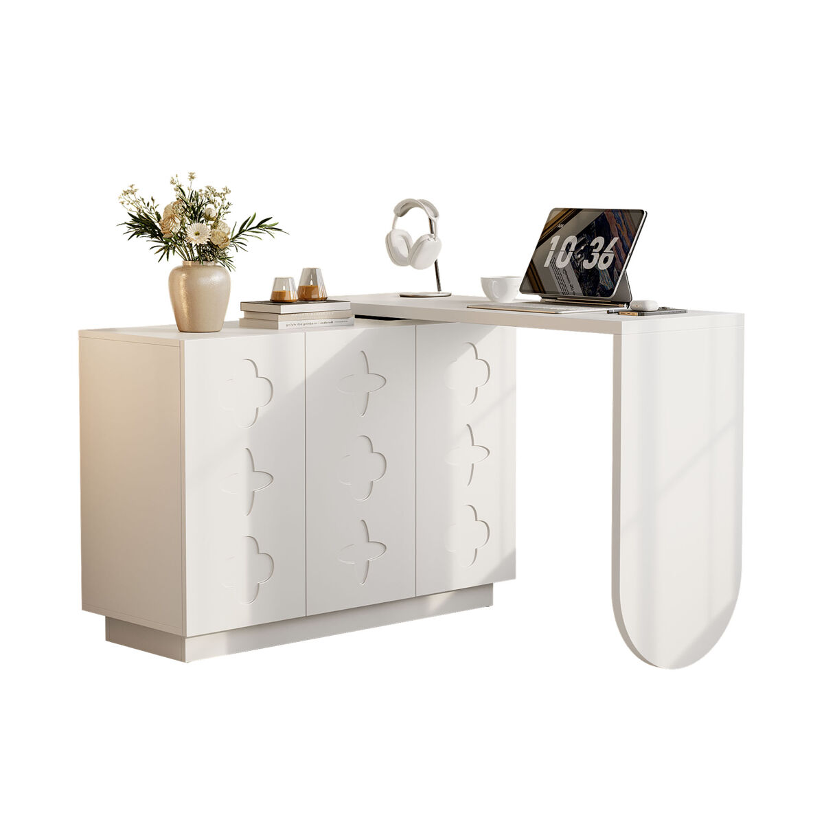 Meubles cosy escritorio giratorio de 360 grados mesa de ordenador en forma de l con armario de 3 puertas y estantes regulables para oficina despacho