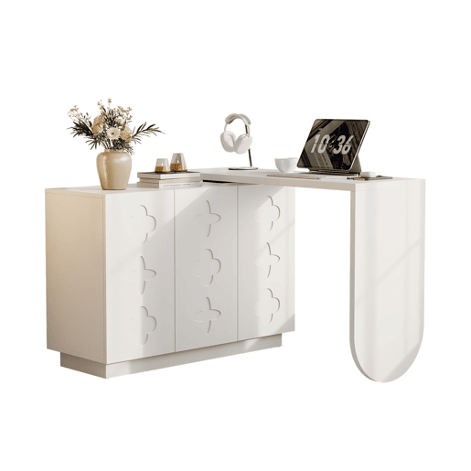 MEUBLES COSY Secretária Giratória de 360 Graus Mesa de Computador em L com Armário de 3 Portas e Prateleiras Ajustáveis para Escritório Estudo Toucador 110-170cm Cor Branco MEUBLES COSY Secretária Giratória de 360 Graus Mesa de Computador em L com Armário de 3 Portas e Prateleiras Ajustáveis para Escritório Estudo Toucador 110-170cm Cor Branco