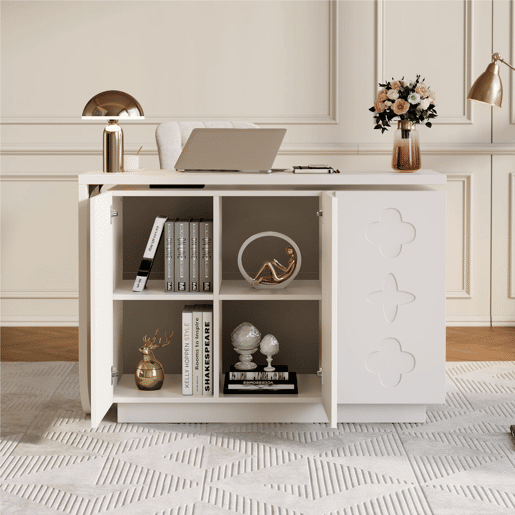 MEUBLES COSY Secretária Giratória de 360 Graus Mesa de Computador em L com Armário de 3 Portas e Prateleiras Ajustáveis para Escritório Estudo Toucador 110-170cm Cor Branco MEUBLES COSY Secretária Giratória de 360 Graus Mesa de Computador em L com Armário de 3 Portas e Prateleiras Ajustáveis para Escritório Estudo Toucador 110-170cm Cor Branco