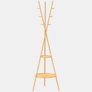HOMCOM Cabide de Pé em Bambu Cabide para Roupas com 2 Prateleiras e 9 Ganchos Design Elegante para Pendurar Bolsas Chapéus no Hall Entrada Quarto 58,5x58,5x176 cm Madeira