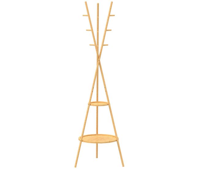 Homcom perchero de pie de bambú, perchero para ropa con 2 estantes y 9 ganchos, diseño elegante, para colgar bolsas, sombreros, en pasillo, entrada, dormitorio, 58,5x58,5x176 cm, natural