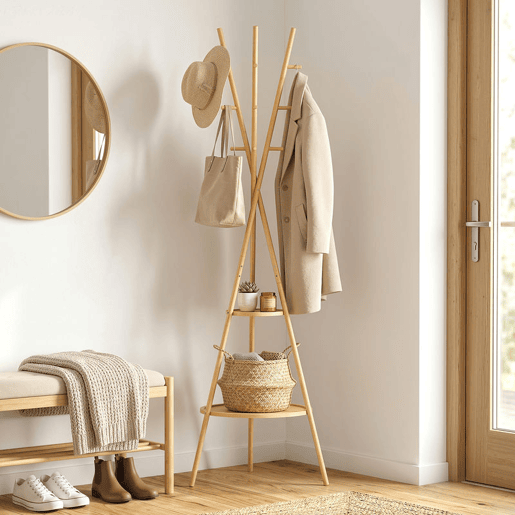 HOMCOM Cabide de Pé em Bambu Cabide para Roupas com 2 Prateleiras e 9 Ganchos Design Elegante para Pendurar Bolsas Chapéus no Hall Entrada Quarto 58,5x58,5x176 cm Madeira