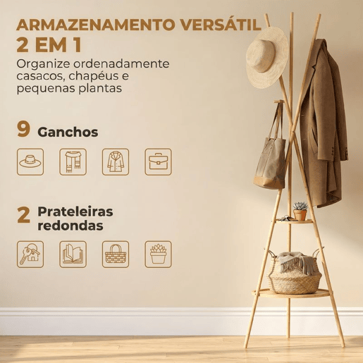 HOMCOM Cabide de Pé em Bambu Cabide para Roupas com 2 Prateleiras e 9 Ganchos Design Elegante para Pendurar Bolsas Chapéus no Hall Entrada Quarto 58,5x58,5x176 cm Madeira