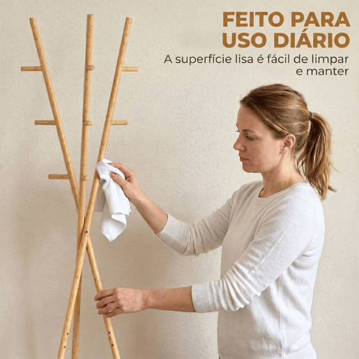 HOMCOM Cabide de Pé em Bambu Cabide para Roupas com 2 Prateleiras e 9 Ganchos Design Elegante para Pendurar Bolsas Chapéus no Hall Entrada Quarto 58,5x58,5x176 cm Madeira