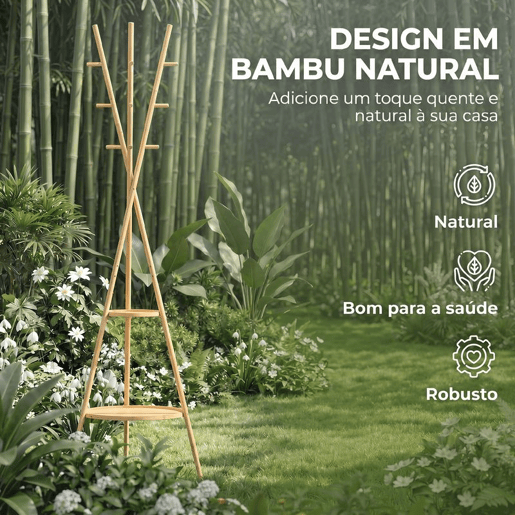 HOMCOM Cabide de Pé em Bambu Cabide para Roupas com 2 Prateleiras e 9 Ganchos Design Elegante para Pendurar Bolsas Chapéus no Hall Entrada Quarto 58,5x58,5x176 cm Madeira