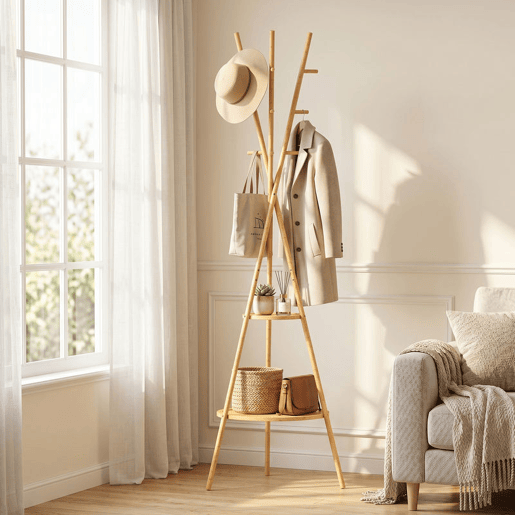 HOMCOM Cabide de Pé em Bambu Cabide para Roupas com 2 Prateleiras e 9 Ganchos Design Elegante para Pendurar Bolsas Chapéus no Hall Entrada Quarto 58,5x58,5x176 cm Madeira