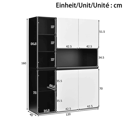 Vitrine alta sem dimensões específicas - vidro, LED, MDF, grande capacidade de arrumação - preto e branco