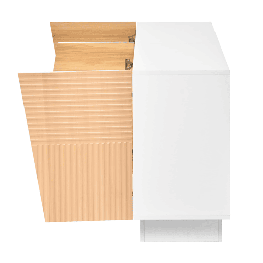 Aparador de sala de estar - tamanho não especificado - design com ranhuras geométricas, 4 portas, 2 compartimentos separados, prateleiras com altura ajustável - NaturalBranco Aparador de sala de estar - tamanho não especificado - design com ranhuras geométricas, 4 portas, 2 compartimentos separados, prateleiras com altura ajustável - NaturalBranco