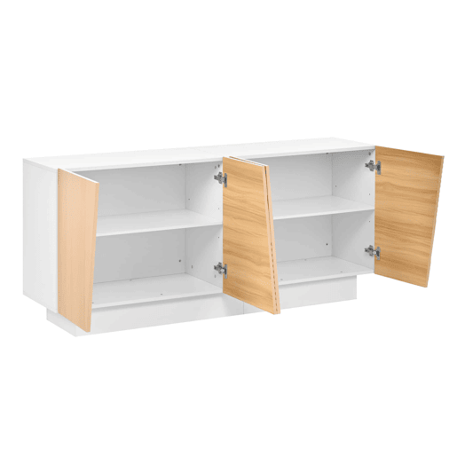 Aparador de sala de estar - tamanho não especificado - design com ranhuras geométricas, 4 portas, 2 compartimentos separados, prateleiras com altura ajustável - NaturalBranco Aparador de sala de estar - tamanho não especificado - design com ranhuras geométricas, 4 portas, 2 compartimentos separados, prateleiras com altura ajustável - NaturalBranco