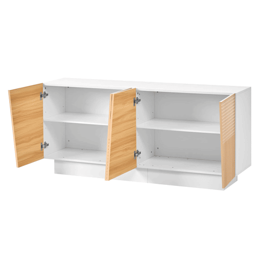 Aparador de sala de estar - tamanho não especificado - design com ranhuras geométricas, 4 portas, 2 compartimentos separados, prateleiras com altura ajustável - NaturalBranco Aparador de sala de estar - tamanho não especificado - design com ranhuras geométricas, 4 portas, 2 compartimentos separados, prateleiras com altura ajustável - NaturalBranco