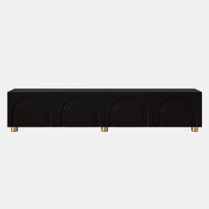 Móvel de TV tipo lowboard sem dimensões específicas - relevo arqueado com 4 portas, pés metálicos, grande espaço de arrumação - Preto
