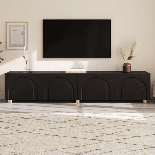 Móvel de TV tipo lowboard sem dimensões específicas - relevo arqueado com 4 portas, pés metálicos, grande espaço de arrumação - Preto Móvel de TV tipo lowboard sem dimensões específicas - relevo arqueado com 4 portas, pés metálicos, grande espaço de arrumação - Preto
