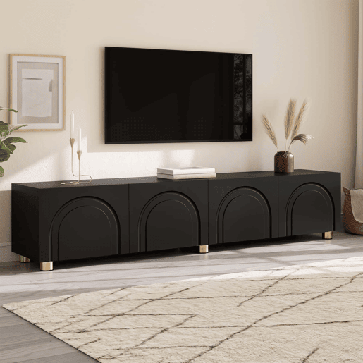 Móvel de TV tipo lowboard sem dimensões específicas - relevo arqueado com 4 portas, pés metálicos, grande espaço de arrumação - Preto Móvel de TV tipo lowboard sem dimensões específicas - relevo arqueado com 4 portas, pés metálicos, grande espaço de arrumação - Preto