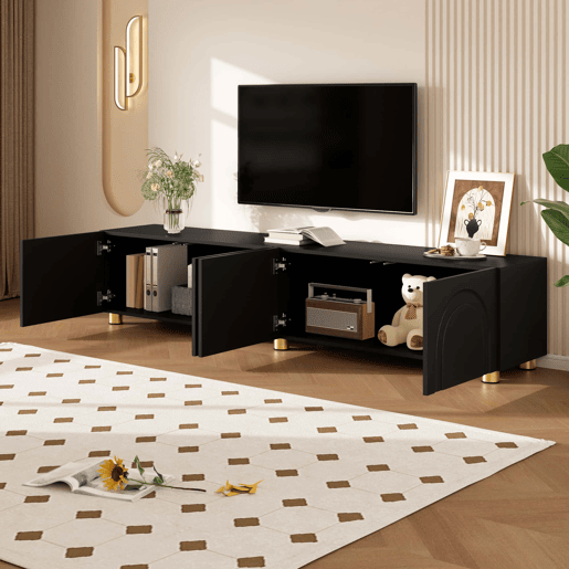 Móvel de TV tipo lowboard sem dimensões específicas - relevo arqueado com 4 portas, pés metálicos, grande espaço de arrumação - Preto Móvel de TV tipo lowboard sem dimensões específicas - relevo arqueado com 4 portas, pés metálicos, grande espaço de arrumação - Preto