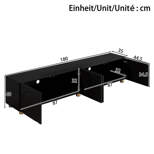 Móvel de TV tipo lowboard sem dimensões específicas - relevo arqueado com 4 portas, pés metálicos, grande espaço de arrumação - Preto Móvel de TV tipo lowboard sem dimensões específicas - relevo arqueado com 4 portas, pés metálicos, grande espaço de arrumação - Preto