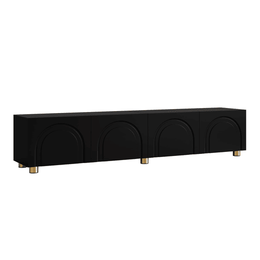 Móvel de TV tipo lowboard sem dimensões específicas - relevo arqueado com 4 portas, pés metálicos, grande espaço de arrumação - Preto Móvel de TV tipo lowboard sem dimensões específicas - relevo arqueado com 4 portas, pés metálicos, grande espaço de arrumação - Preto