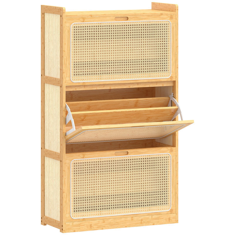 Homcom zapatero estrecho de bambú con 3 cajones abatibles de ratán, mueble zapatero bohemio con estantes ajustables, para 18-21 pares de zapatos, para pasillos, entradas, 69x29x119,8 cm, natural