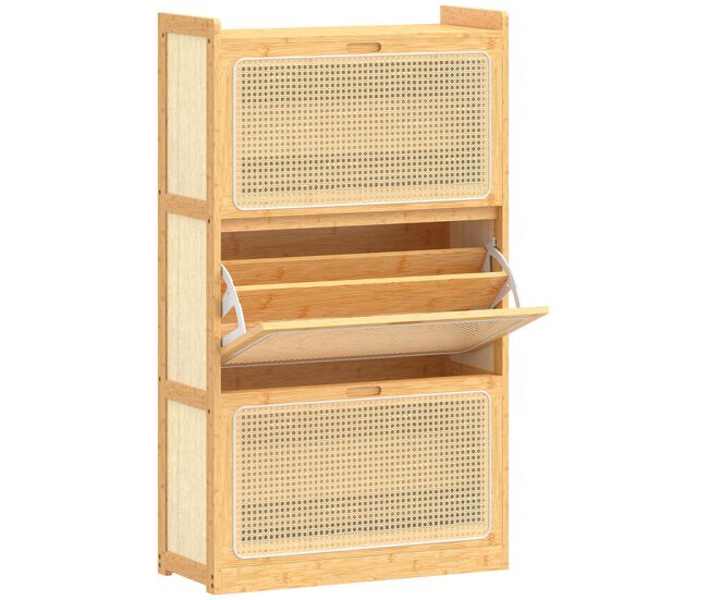 Homcom zapatero estrecho de bambú con 3 cajones abatibles de ratán, mueble zapatero bohemio con estantes ajustables, para 18-21 pares de zapatos, para pasillos, entradas, 69x29x119,8 cm, natural