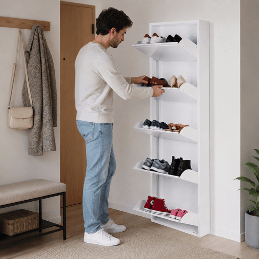 Well Home Sapateira DUNNE Ultrafina em Aço Branco, 5 Compartimentos para 10 Pares de Sapatos, 50x13,5x169 cm, Ideal para Corredores e Espaços Reduzidos Well Home Sapateira DUNNE Ultrafina em Aço Branco, 5 Compartimentos para 10 Pares de Sapatos, 50x13,5x169 cm, Ideal para Corredores e Espaços Reduzidos