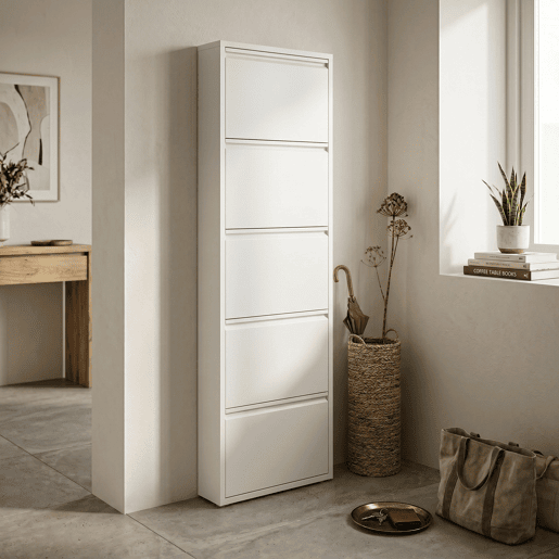 Well Home Sapateira DUNNE Ultrafina em Aço Branco, 5 Compartimentos para 10 Pares de Sapatos, 50x13,5x169 cm, Ideal para Corredores e Espaços Reduzidos Well Home Sapateira DUNNE Ultrafina em Aço Branco, 5 Compartimentos para 10 Pares de Sapatos, 50x13,5x169 cm, Ideal para Corredores e Espaços Reduzidos