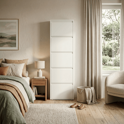 Well Home Sapateira DUNNE Ultrafina em Aço Branco, 5 Compartimentos para 10 Pares de Sapatos, 50x13,5x169 cm, Ideal para Corredores e Espaços Reduzidos Well Home Sapateira DUNNE Ultrafina em Aço Branco, 5 Compartimentos para 10 Pares de Sapatos, 50x13,5x169 cm, Ideal para Corredores e Espaços Reduzidos